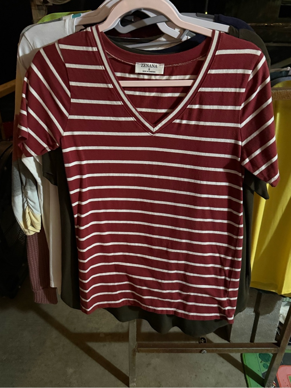 Zenana Outfitters Burgundy and White Striped V-Neck Short Sleeve Tee